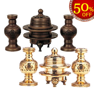 伝統型 火舎華鋲セット 彫入-彫りが入った華舎香炉と華鋲のセット