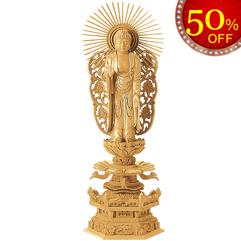 仏像・西立弥陀-楠木を地彫り仕上げのケマン付の六角台座の仏像